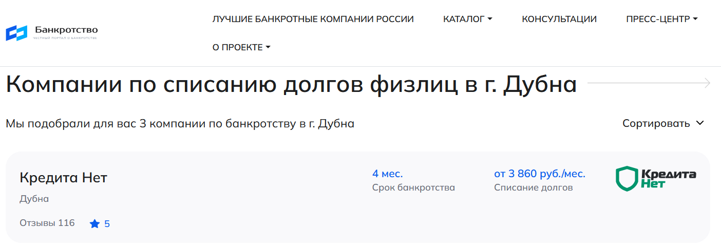 КредитаНет – первые в рейтинге компаний по банкротству в Дубне на сайте Банкротство Инфо
